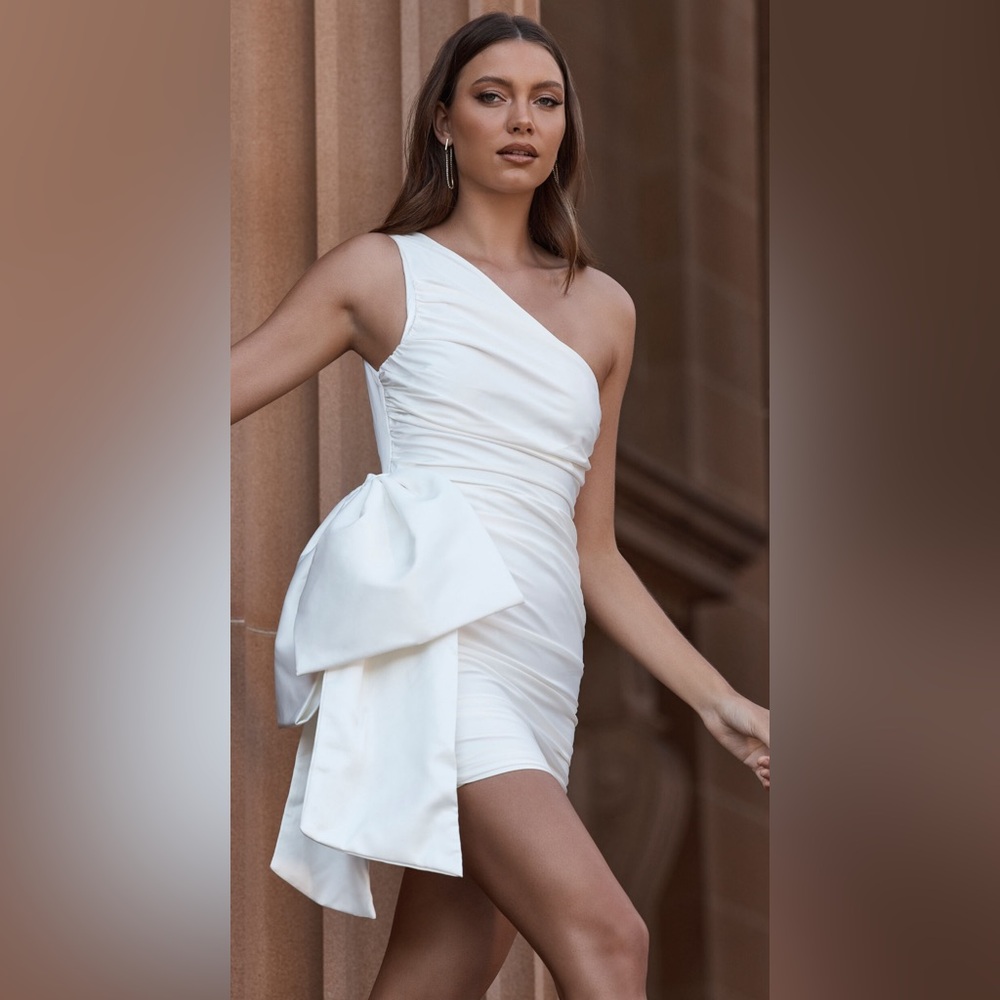 SHOWPO BETTY MINI - ONE SHOULDER SIDE BOW GATHERED DRESS